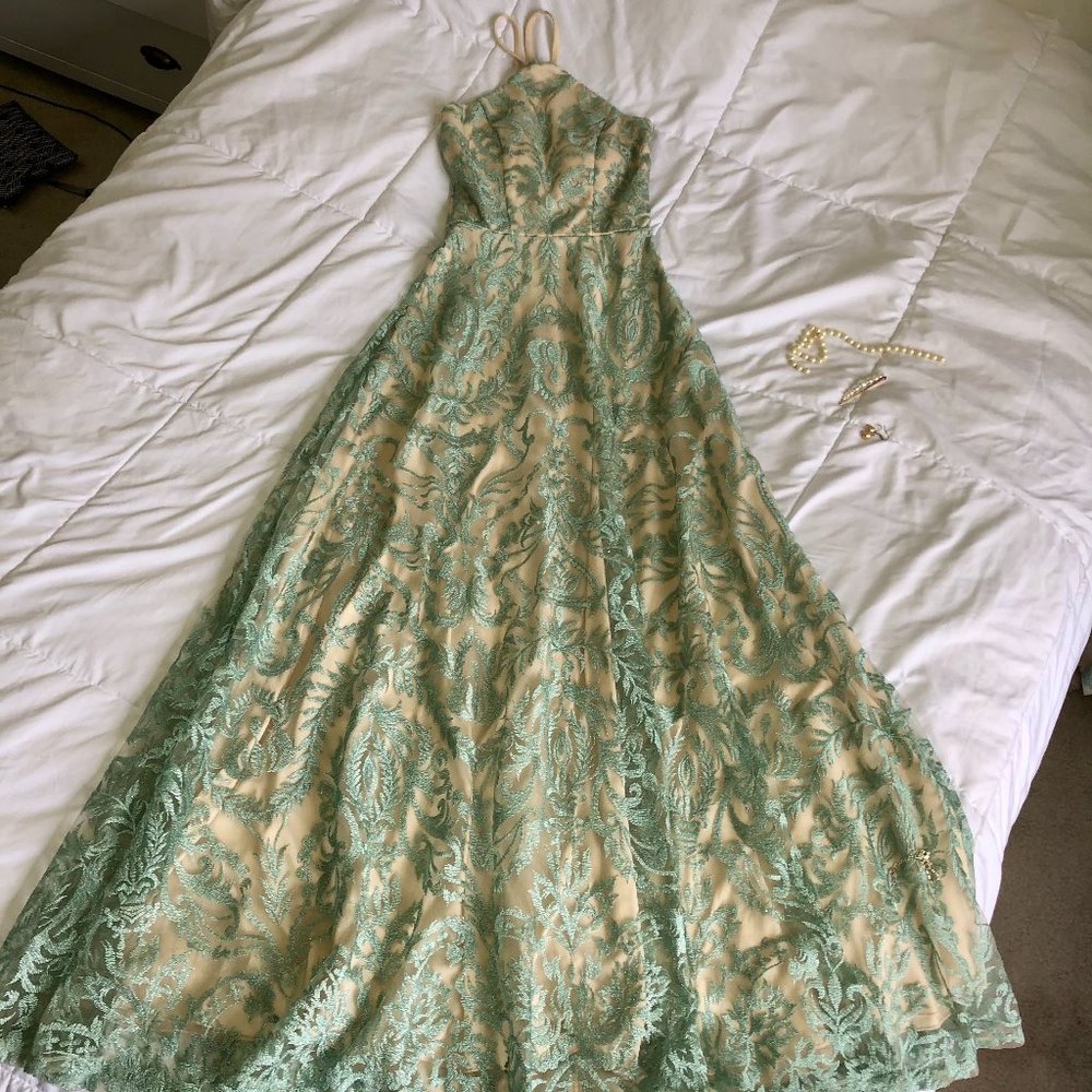 SOLD     Turquoise and Cream Prom Dress